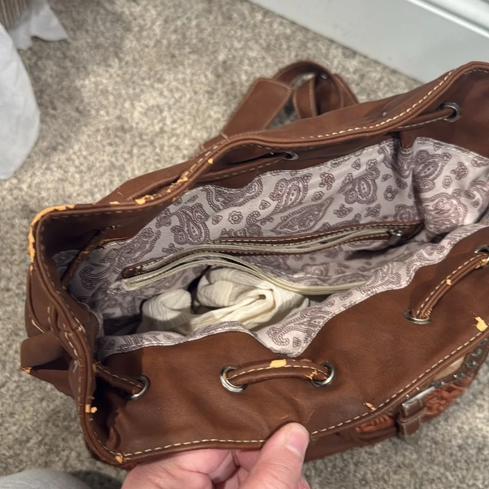 Cream and Brown Genuine Cowhide Leather Western Backpack with Rustic Charm